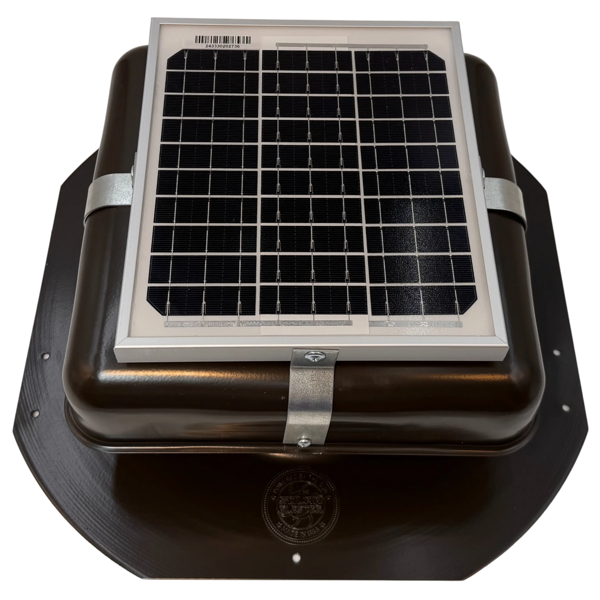 Solar ventilation fan, Solar Mega RoofBlaster for sheds and homes, front view, powder-coated brown, 5W solar panel (no background) | Solar Blaster brand