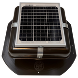 Solar ventilation fan, Solar Mega RoofBlaster for sheds and homes, front view, powder-coated brown, 5W solar panel (no background) | Solar Blaster brand