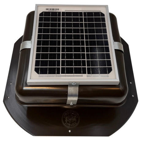 Solar ventilation fan, Solar Mega RoofBlaster for sheds and homes, front view, powder-coated brown, 5W solar panel (no background) | Solar Blaster brand
