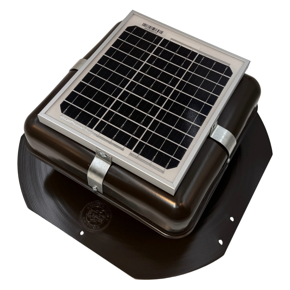 Solar ventilation fan, Solar Mega RoofBlaster for sheds and homes, left side view, powder-coated brown, 5W solar panel (no background) | Solar Blaster brand