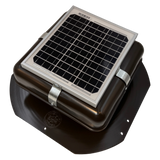 Solar ventilation fan, Solar Mega RoofBlaster for sheds and homes, left side view, powder-coated brown, 5W solar panel (no background) | Solar Blaster brand