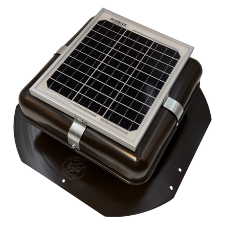 Solar ventilation fan, Solar Mega RoofBlaster for sheds and homes, left side view, powder-coated brown, 5W solar panel (no background) | Solar Blaster brand