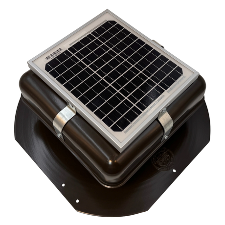 Solar ventilation fan, Solar Mega RoofBlaster for sheds and homes, right side view, powder-coated brown, 5W solar panel (no background) | Solar Blaster brand