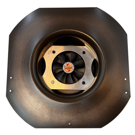 Solar ventilation fan, Solar Mega RoofBlaster for sheds and homes, bottom view, powder-coated brown, 5W solar panel (no background) | Solar Blaster brand