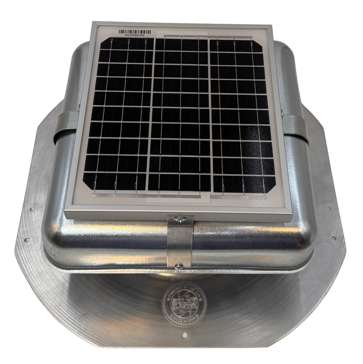Solar ventilation fan, Solar Mega RoofBlaster for sheds and homes, front view, galvanized finish, 5W solar panel (no background) | Solar Blaster brand