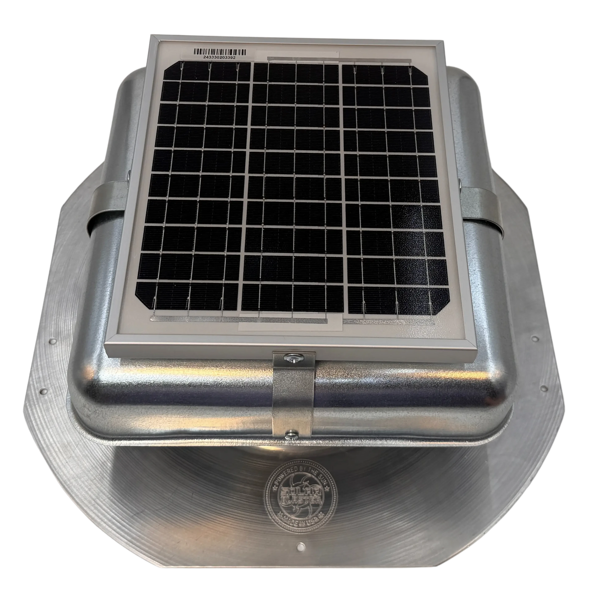 Solar ventilation fan, Solar Mega RoofBlaster for sheds and homes, front view, galvanized finish, 5W solar panel (no background) | Solar Blaster brand