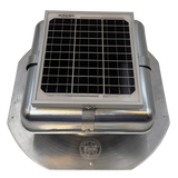 Solar ventilation fan, Solar Mega RoofBlaster for sheds and homes, front view, galvanized finish, 5W solar panel (no background) | Solar Blaster brand