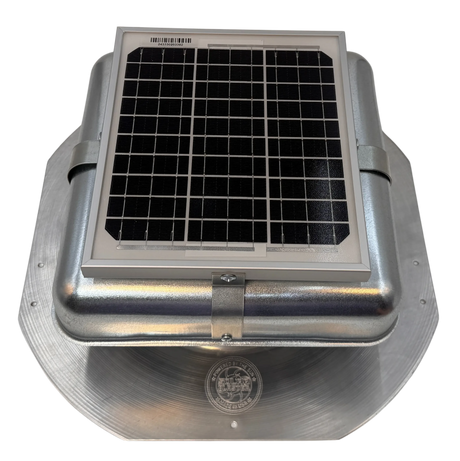 Solar ventilation fan, Solar Mega RoofBlaster for sheds and homes, front view, galvanized finish, 5W solar panel (no background) | Solar Blaster brand