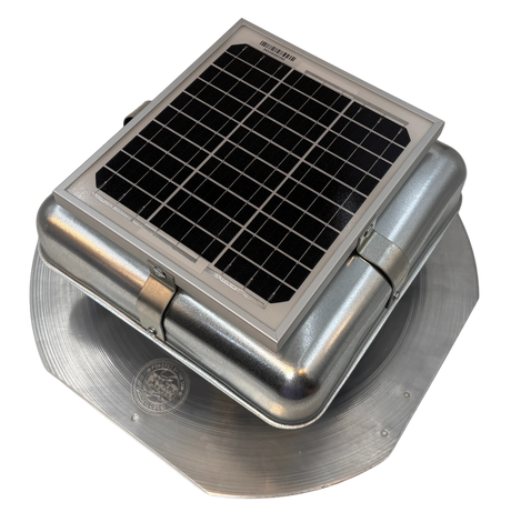 Solar ventilation fan, Solar Mega RoofBlaster for sheds and homes, left side view, galvanized finish, 5W solar panel (no background) | Solar Blaster brand
