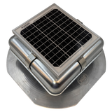 Solar ventilation fan, Solar Mega RoofBlaster for sheds and homes, right side view, galvanized finish, 5W solar panel (no background) | Solar Blaster brand