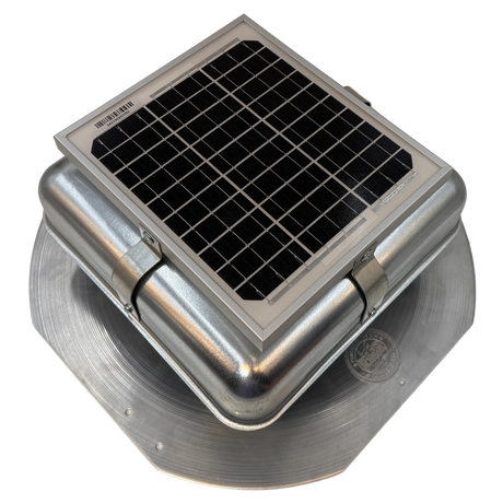 Solar ventilation fan, Solar Mega RoofBlaster for sheds and homes, right side view, galvanized finish, 5W solar panel (no background) | Solar Blaster brand