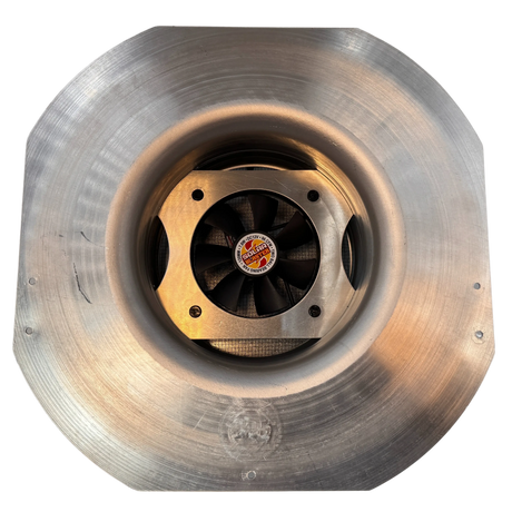 Solar ventilation fan, Solar Mega RoofBlaster for sheds and homes, bottom view, galvanized finish, 5W solar panel (no background) | Solar Blaster brand