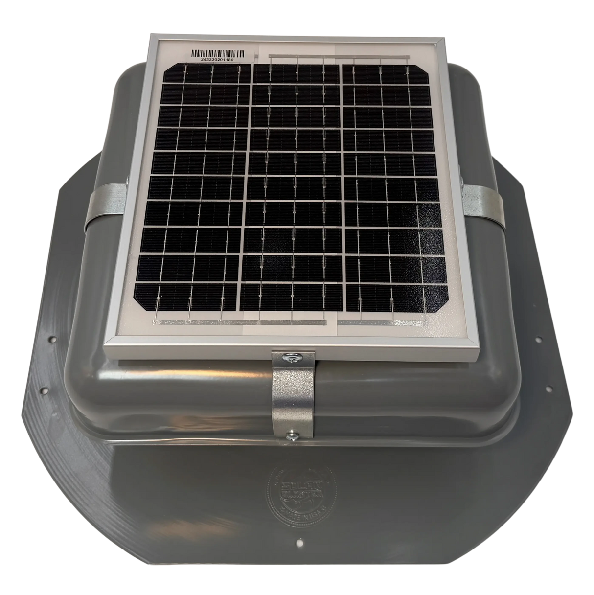 Solar ventilation fan, Solar Mega RoofBlaster for sheds and homes, front view, powder-coated gray, 5W solar panel (no background) | Solar Blaster brand