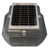 Solar ventilation fan, Solar Mega RoofBlaster for sheds and homes, front view, powder-coated gray, 5W solar panel (no background) | Solar Blaster brand
