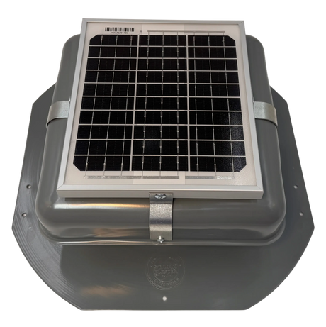 Solar ventilation fan, Solar Mega RoofBlaster for sheds and homes, front view, powder-coated gray, 5W solar panel (no background) | Solar Blaster brand