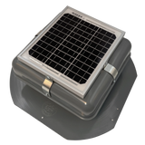Solar ventilation fan, Solar Mega RoofBlaster for sheds and homes, left side view, powder-coated gray, 5W solar panel (no background) | Solar Blaster brand