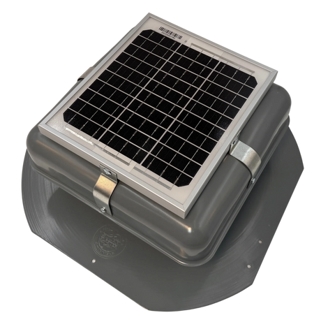 Solar ventilation fan, Solar Mega RoofBlaster for sheds and homes, left side view, powder-coated gray, 5W solar panel (no background) | Solar Blaster brand