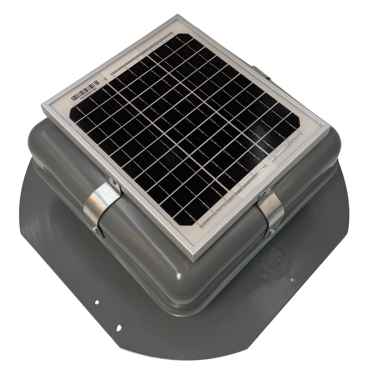 Solar ventilation fan, Solar Mega RoofBlaster for sheds and homes, right side view, powder-coated gray, 5W solar panel (no background) | Solar Blaster brand