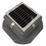 Solar ventilation fan, Solar Mega RoofBlaster for sheds and homes, right side view, powder-coated gray, 5W solar panel (no background) | Solar Blaster brand