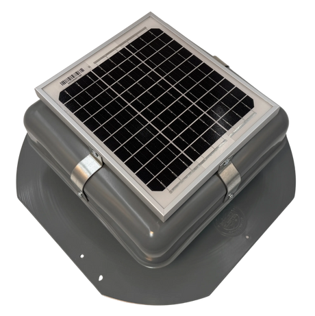 Solar ventilation fan, Solar Mega RoofBlaster for sheds and homes, right side view, powder-coated gray, 5W solar panel (no background) | Solar Blaster brand