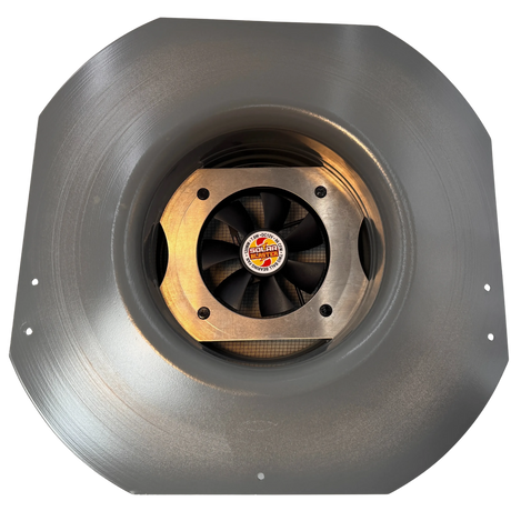 Solar ventilation fan, Solar Mega RoofBlaster for sheds and homes, bottom view, powder-coated gray, 5W solar panel (no background) | Solar Blaster brand