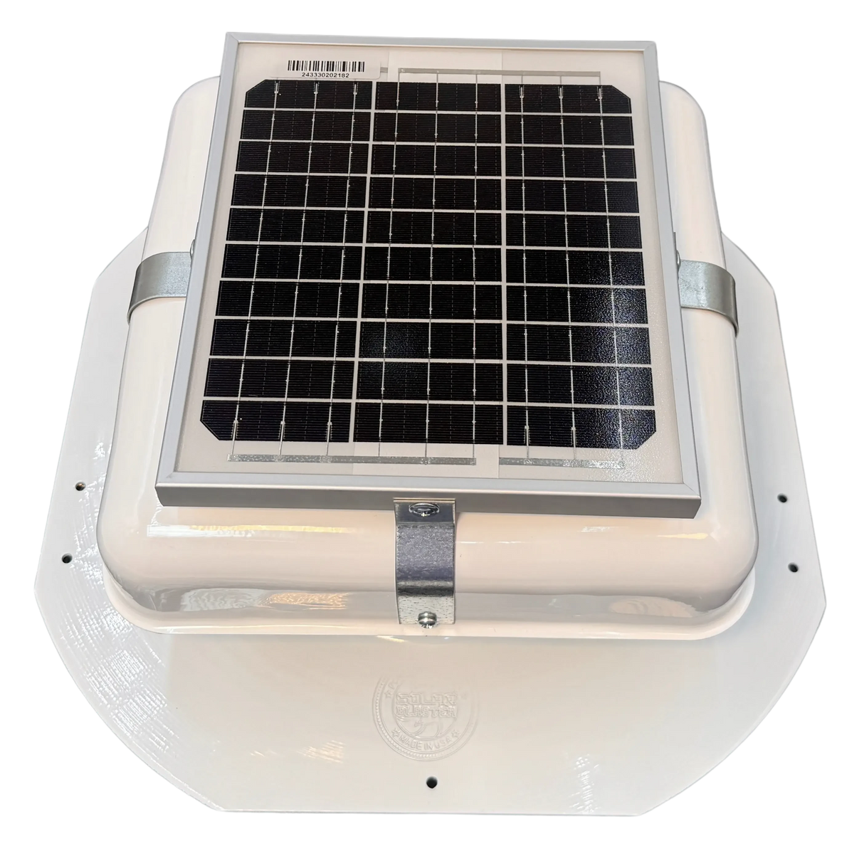 Solar ventilation fan, Solar Mega RoofBlaster for sheds and homes, front view, powder-coated white, 5W solar panel (no background) | Solar Blaster brand