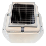 Solar ventilation fan, Solar Mega RoofBlaster for sheds and homes, front view, powder-coated white, 5W solar panel (no background) | Solar Blaster brand