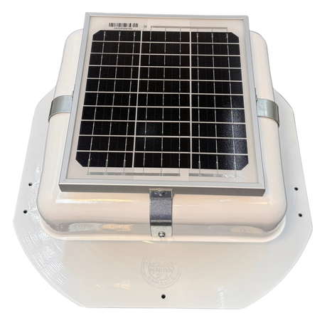 Solar ventilation fan, Solar Mega RoofBlaster for sheds and homes, front view, powder-coated white, 5W solar panel (no background) | Solar Blaster brand