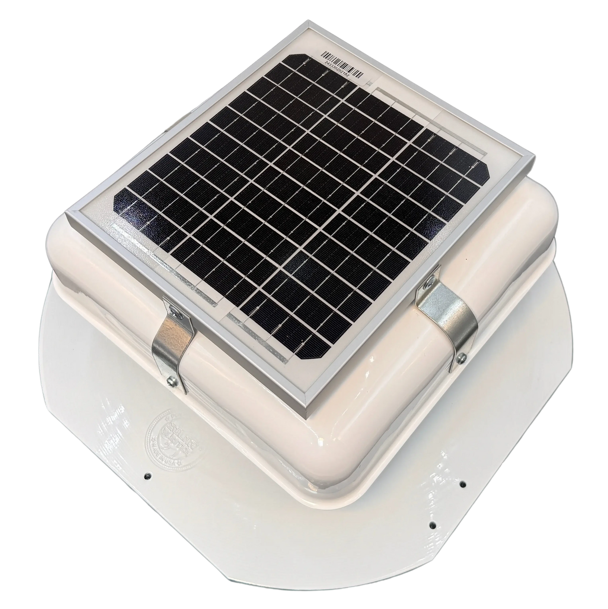 Solar ventilation fan, Solar Mega RoofBlaster for sheds and homes, left side view, powder-coated white, 5W solar panel (no background) | Solar Blaster brand