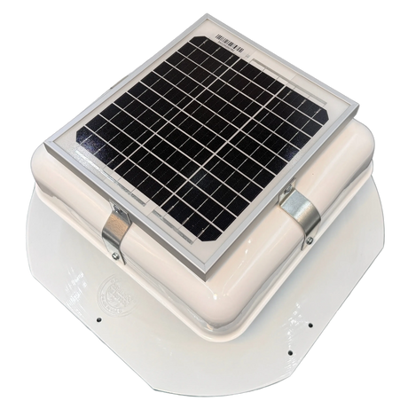 Solar ventilation fan, Solar Mega RoofBlaster for sheds and homes, left side view, powder-coated white, 5W solar panel (no background) | Solar Blaster brand