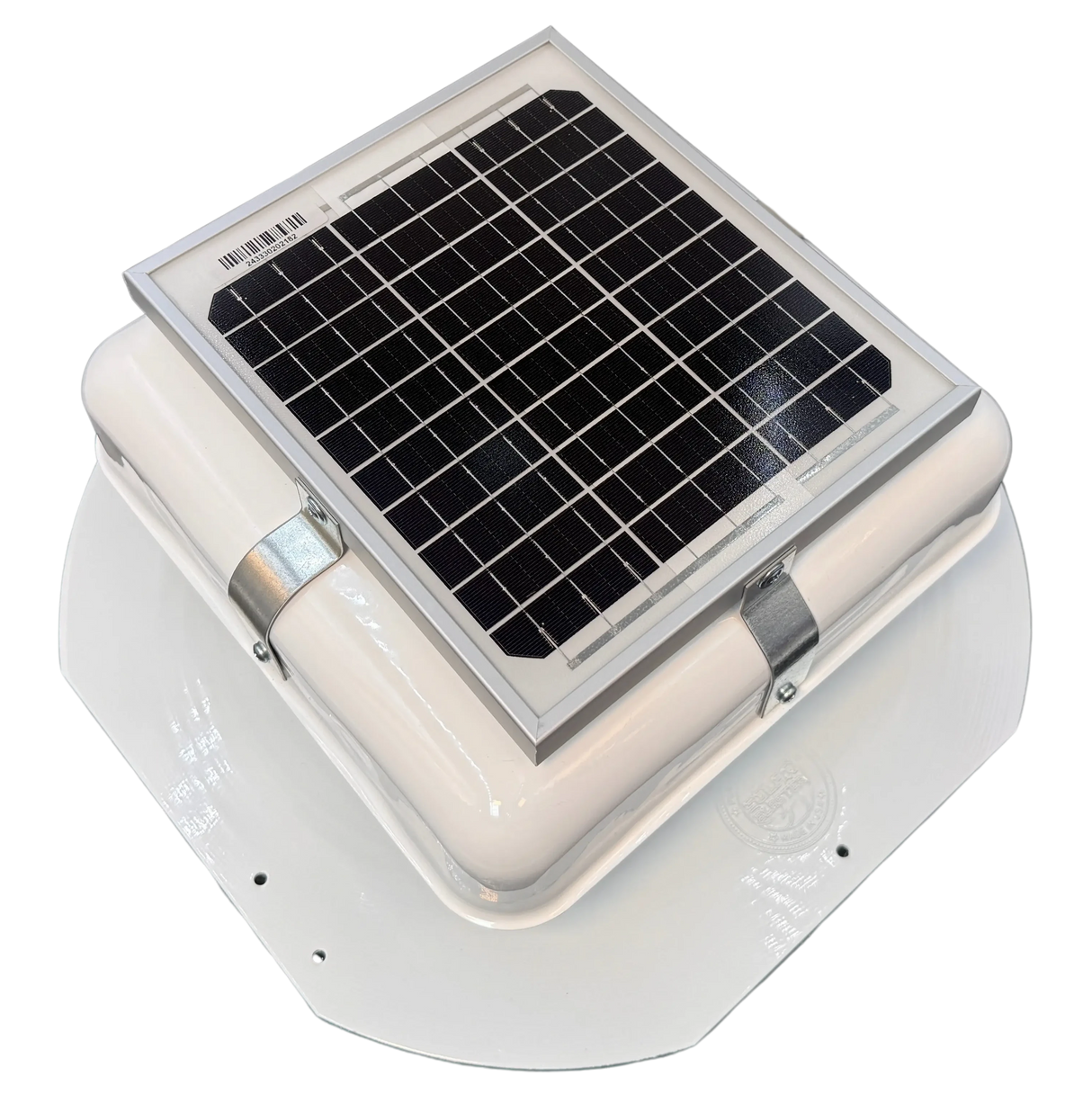Solar ventilation fan, Solar Mega RoofBlaster for sheds and homes, right side view, powder-coated white, 5W solar panel (no background) | Solar Blaster brand