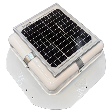 Solar ventilation fan, Solar Mega RoofBlaster for sheds and homes, right side view, powder-coated white, 5W solar panel (no background) | Solar Blaster brand