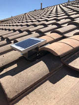 Solar S-TileBlaster installed on a roof that uses "S" style O'Hagin vent. The vent has been painted to match the rest of the tiles.