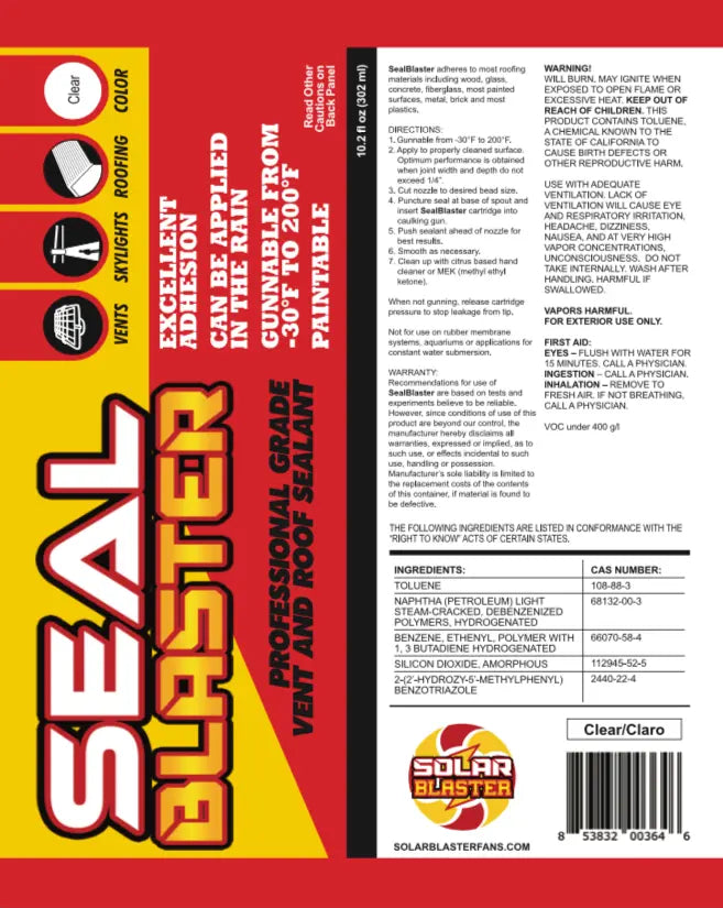 SealBlaster professional roofing sealant for all weather installation label details | Solar Blaster brand