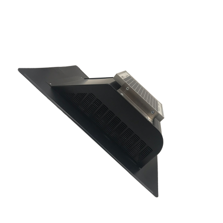 A black Solar SlantBlaster vent shown at an angle replicating a pitched roof and showing the right side of the vent.