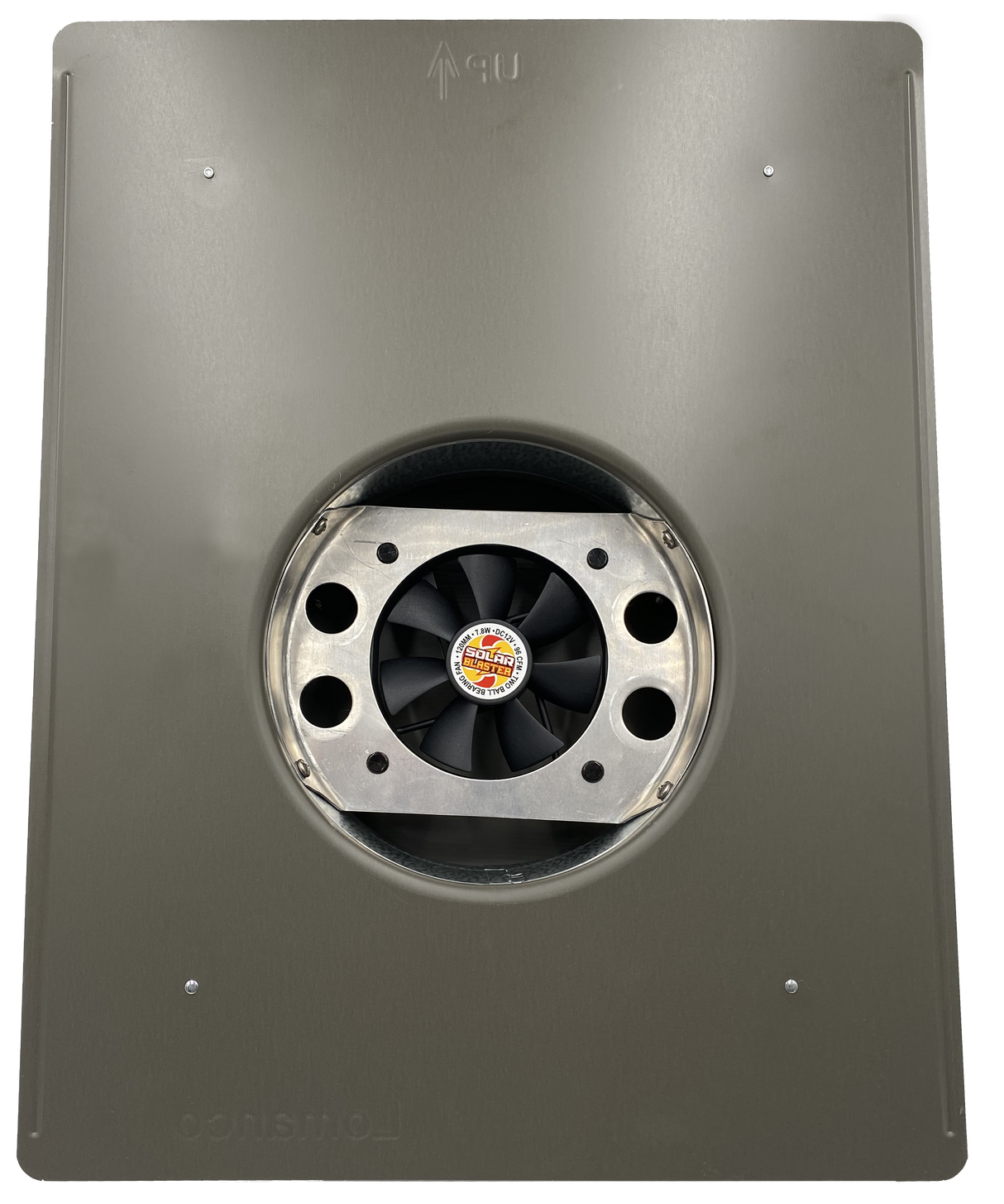 A weathered bronze Solar Mega SlantBlaster vent showing the underside's fan unit.