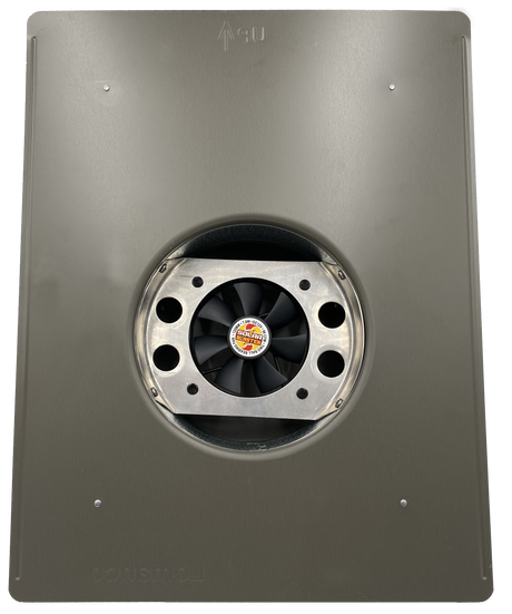 A weathered bronze Solar Mega SlantBlaster vent showing the underside's fan unit.