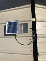 Solar Metal RidgeBlaster attached to a metal shed roof before ridge cap has been installed.