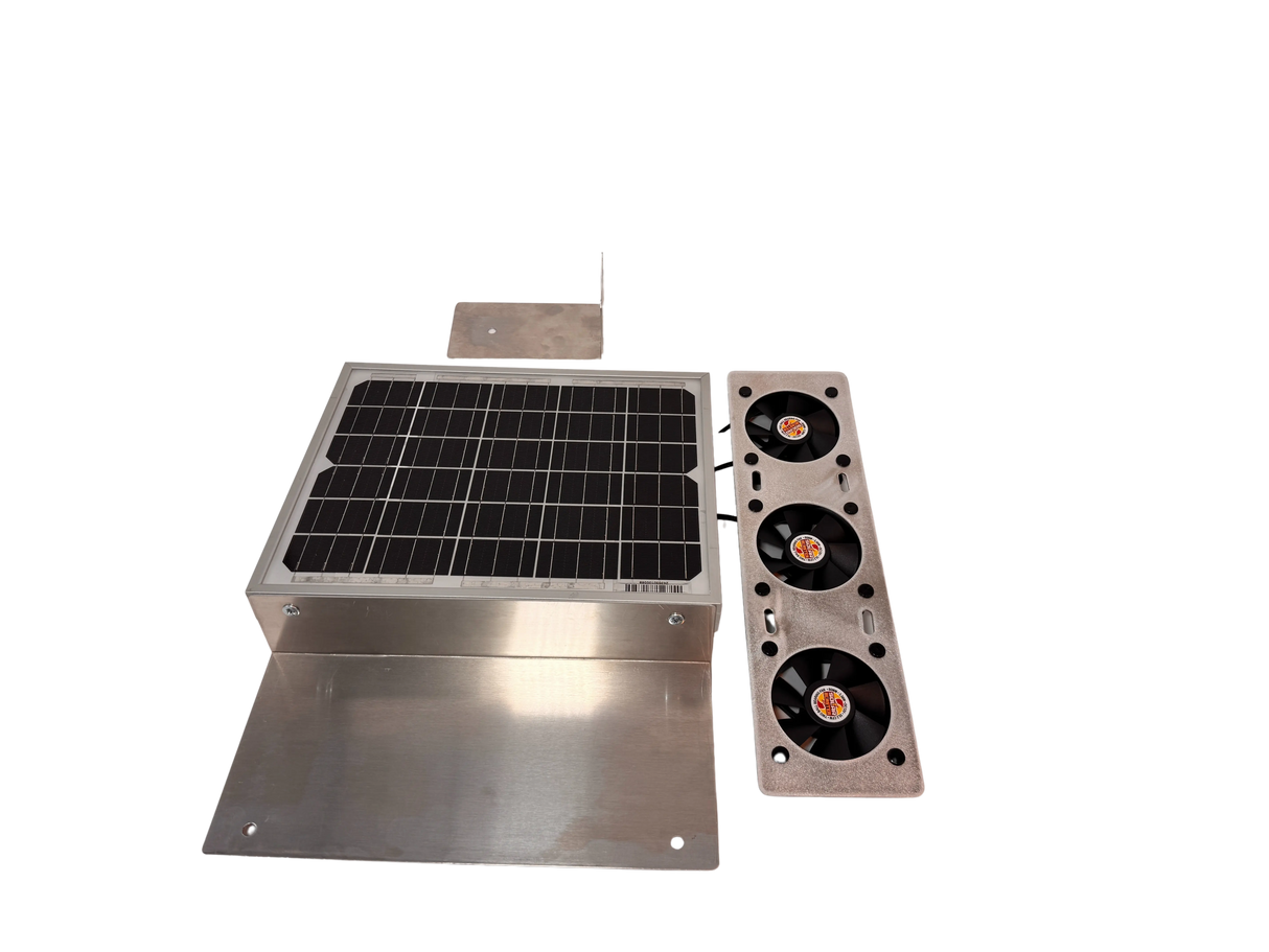 Solar TileBlaster components showing thw 10W solar panel and three fan unit.