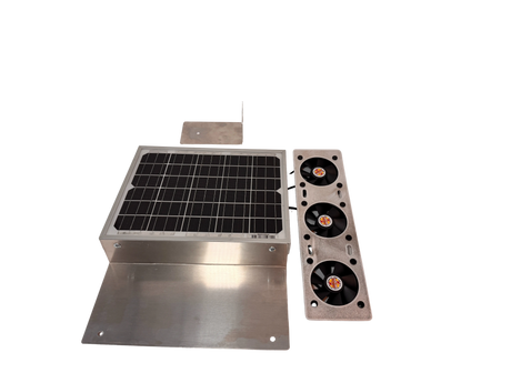 Solar TileBlaster components showing thw 10W solar panel and three fan unit.