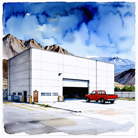 Large industrial building with a red truck in front, mountainous landscape in the background