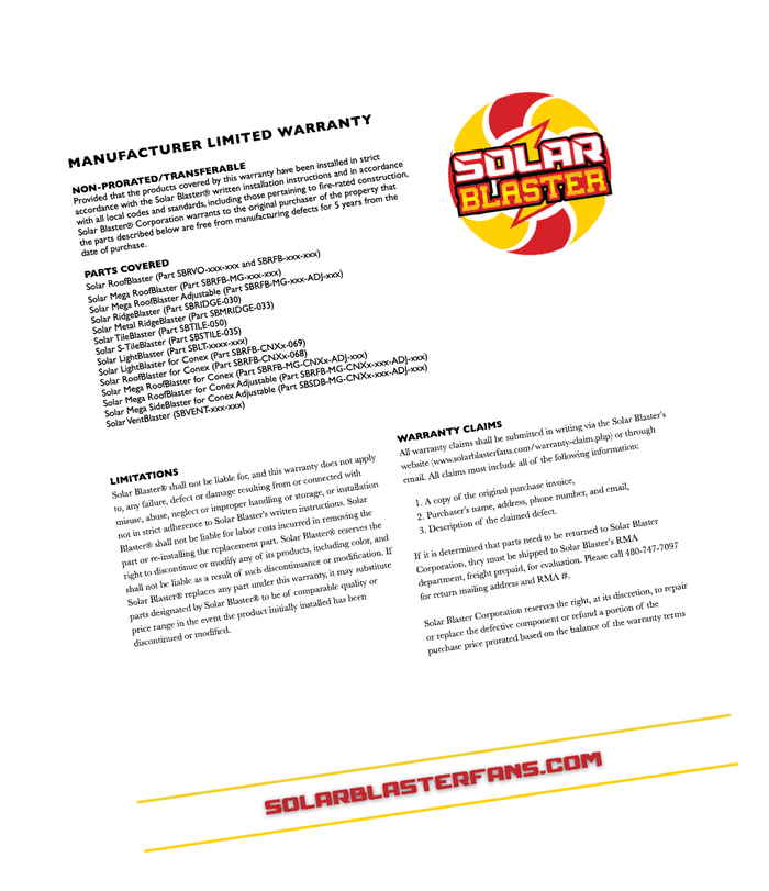 Photo of the Warranty information sheet for Solar Blaster products with a logo on a white background