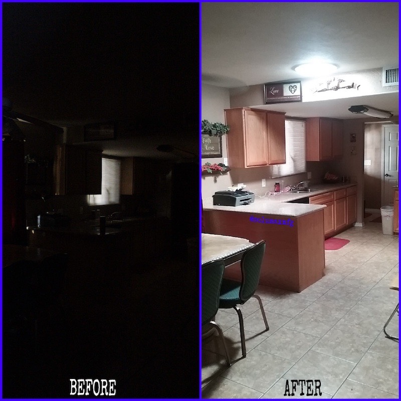 Before and after Kitchen photos showing ECOMAX Tube Skylight